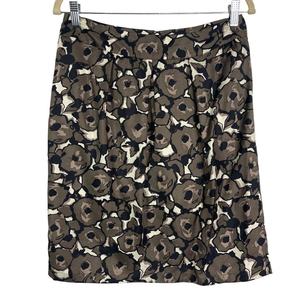 Boden 100% Silk Skirt, size 10R, lined, brown/black,cream floral print, WG292